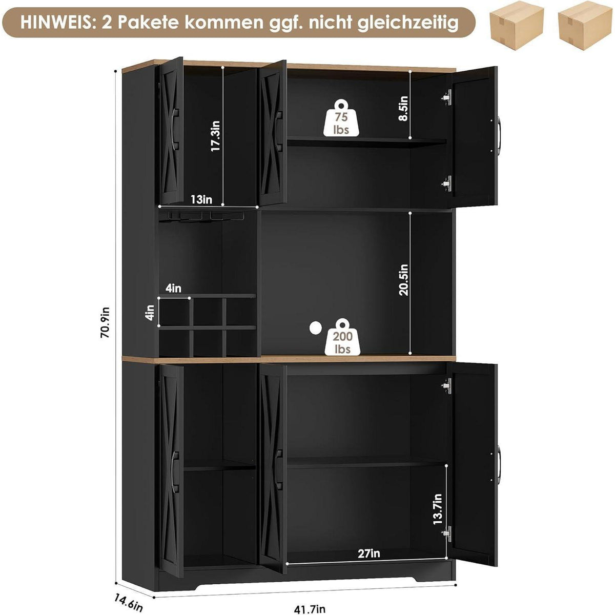 Küchenschrank 106x180 cm Schwarz | Buffetschrank mit 6 Türen