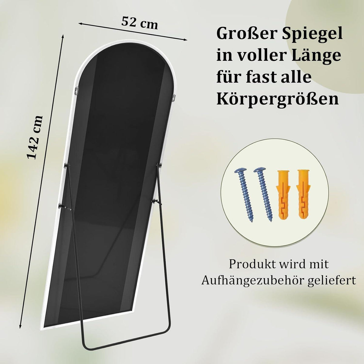 Ganzkörperspiegel Rundbogen 142x52cm – Stand- & Wandspiegel Weiß