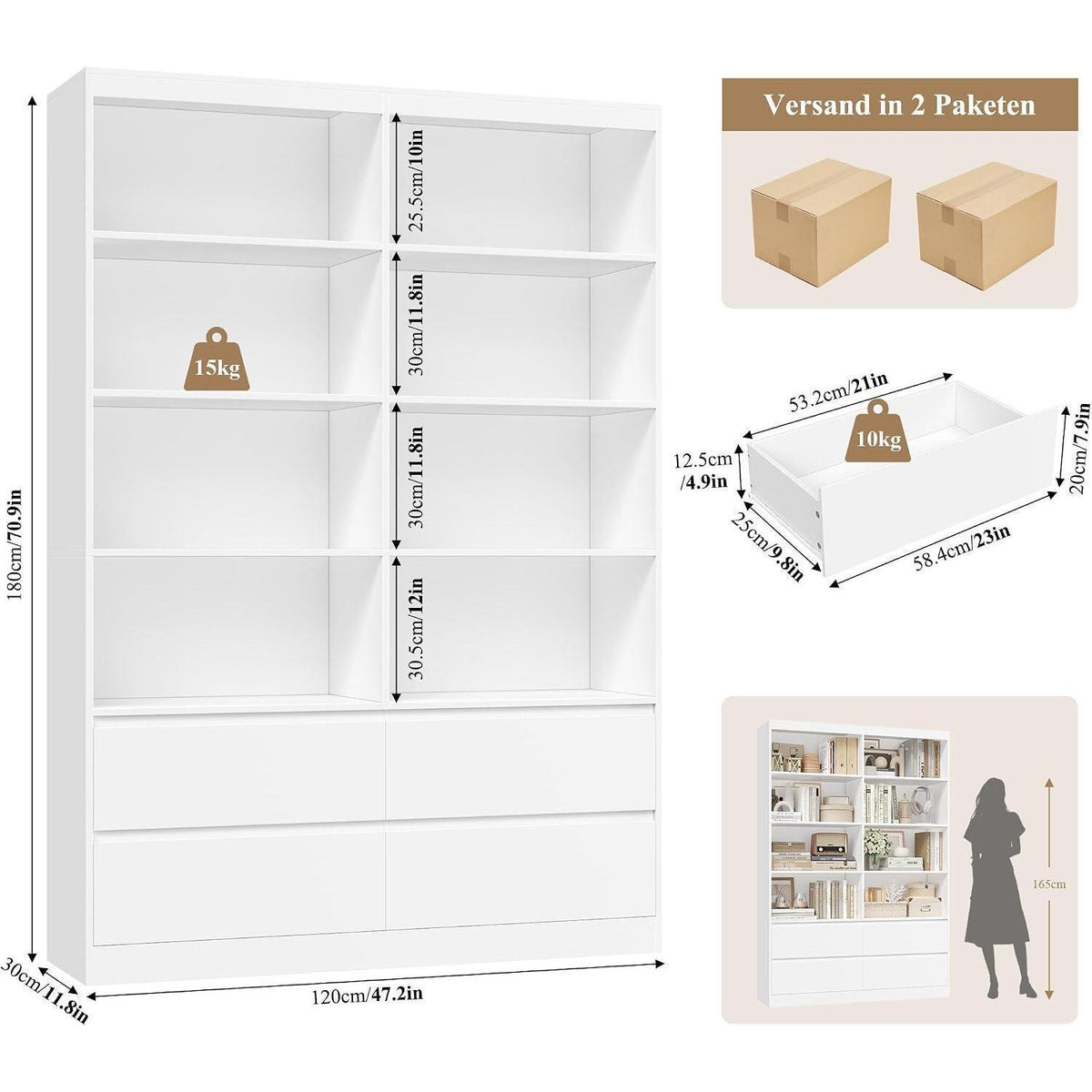 Bücherregal mit 4 Schubladen & 8 Fächern – Weißes Wohnzimmerschrank