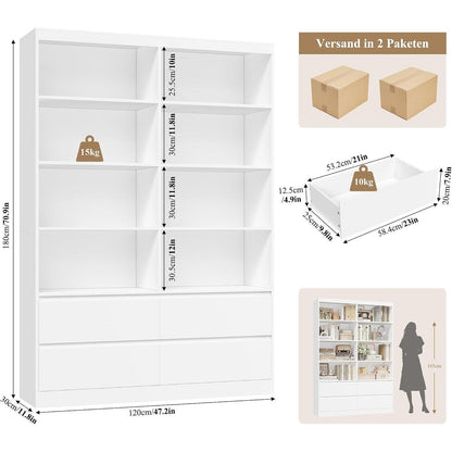 Bücherregal mit 4 Schubladen & 8 Fächern – Weißes Wohnzimmerschrank