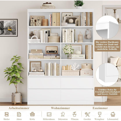 Bücherregal mit 4 Schubladen & 8 Fächern – Weißes Wohnzimmerschrank