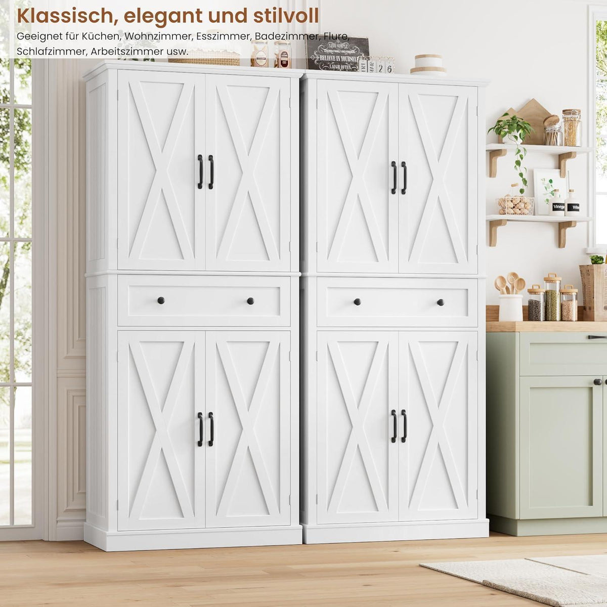 Hochschrank mit 4 Türen & Schublade – Weißes Küchenbuffet 181,5cm