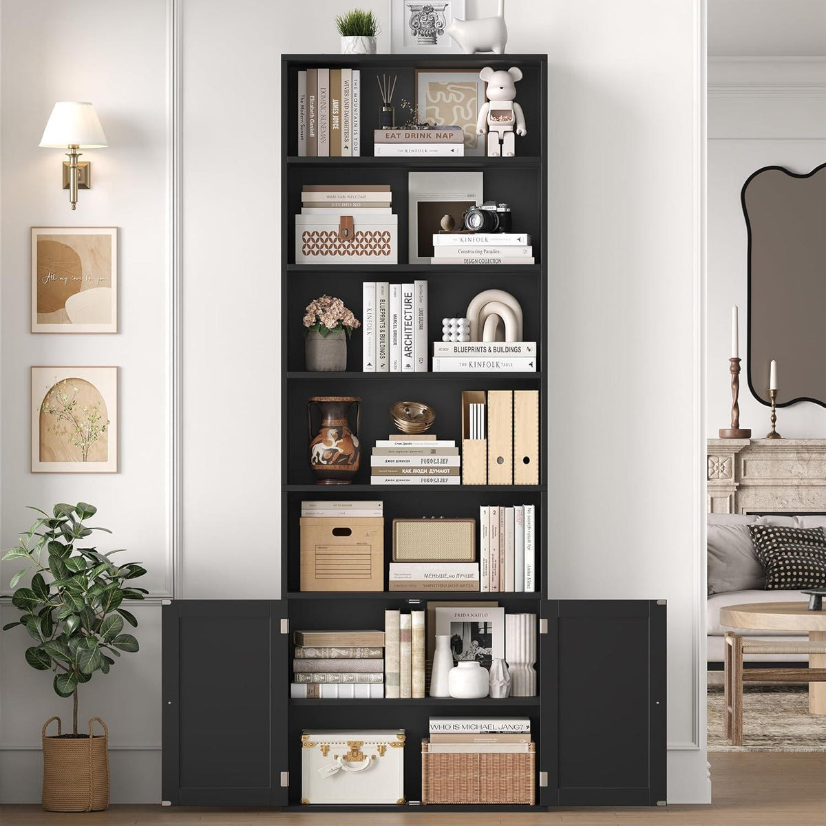 209 cm Bücherregal mit Türen & verstellbaren Regalböden