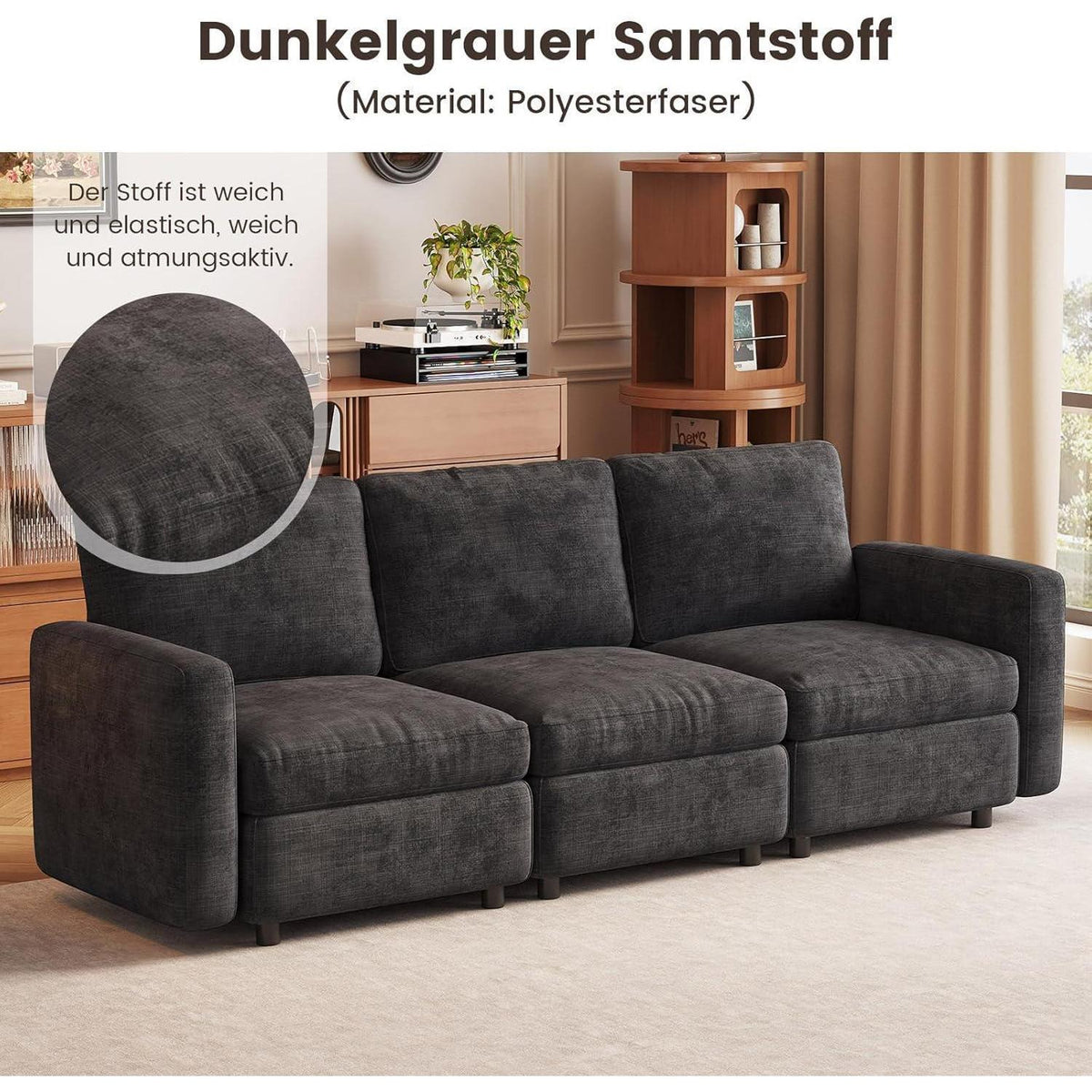 Modernes 5-Sitzer Sofa Grau – Modulares Velours Sofa für Wohnzimmer