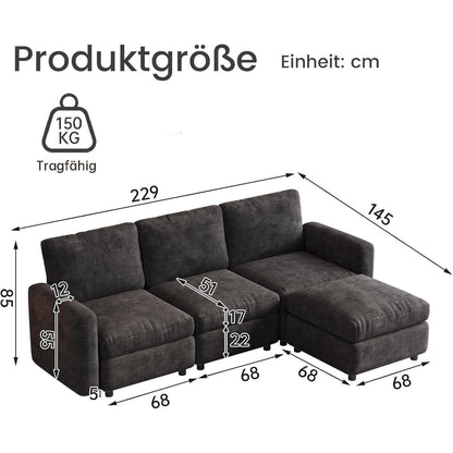 Modulares Ecksofa mit Stauraum & Hocker – Grau, 4 Sitzplätze