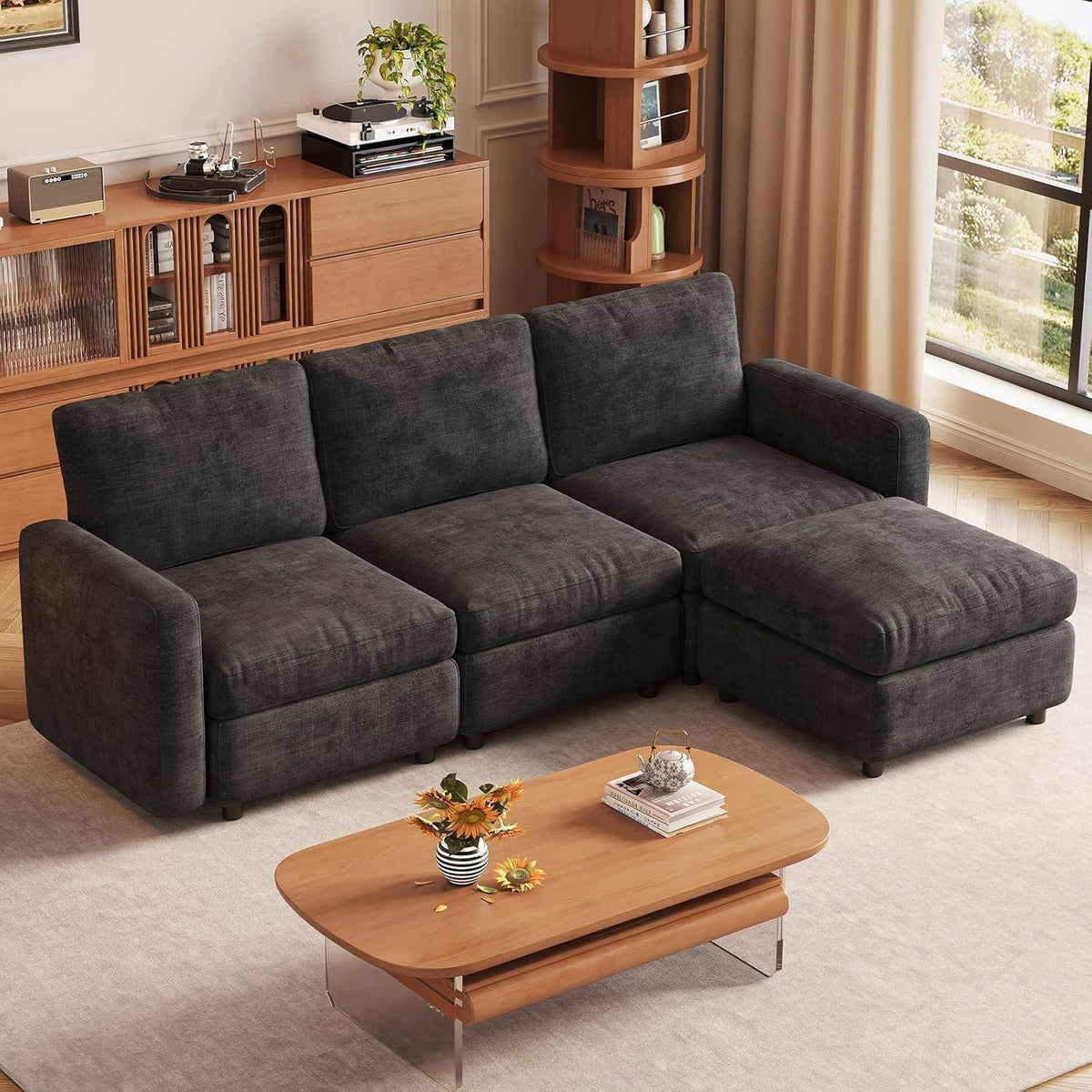 Modulares Ecksofa mit Stauraum & Hocker – Grau, 4 Sitzplätze
