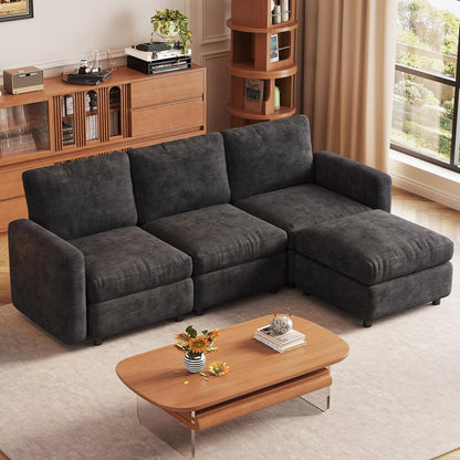Modulares Ecksofa mit Stauraum & Hocker – Grau, 4 Sitzplätze