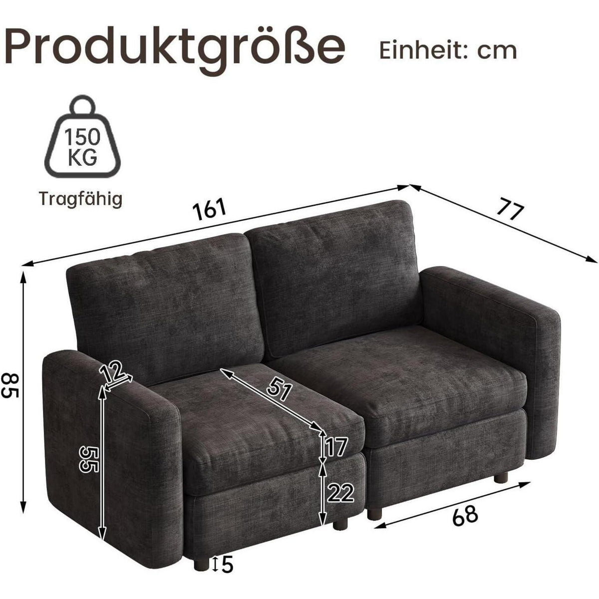 Graues 2-Sitzer Sofa aus Velours – Modernes Wohnzimmer Sofa