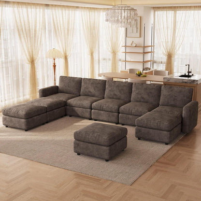 Modulares Ecksofa Braun mit Hocker & Stauraum – 9-Sitzer
