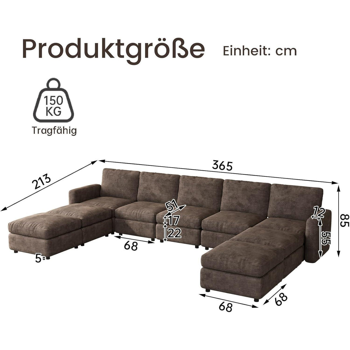 Modulares Ecksofa Braun mit Hocker & Stauraum – 9-Sitzer