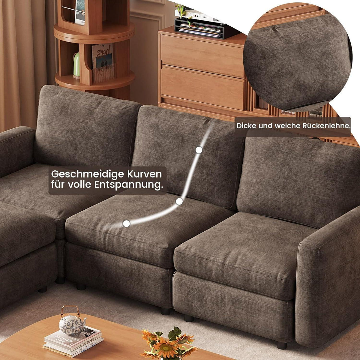 Modulares Ecksofa Braun mit Hocker & Stauraum – 9-Sitzer