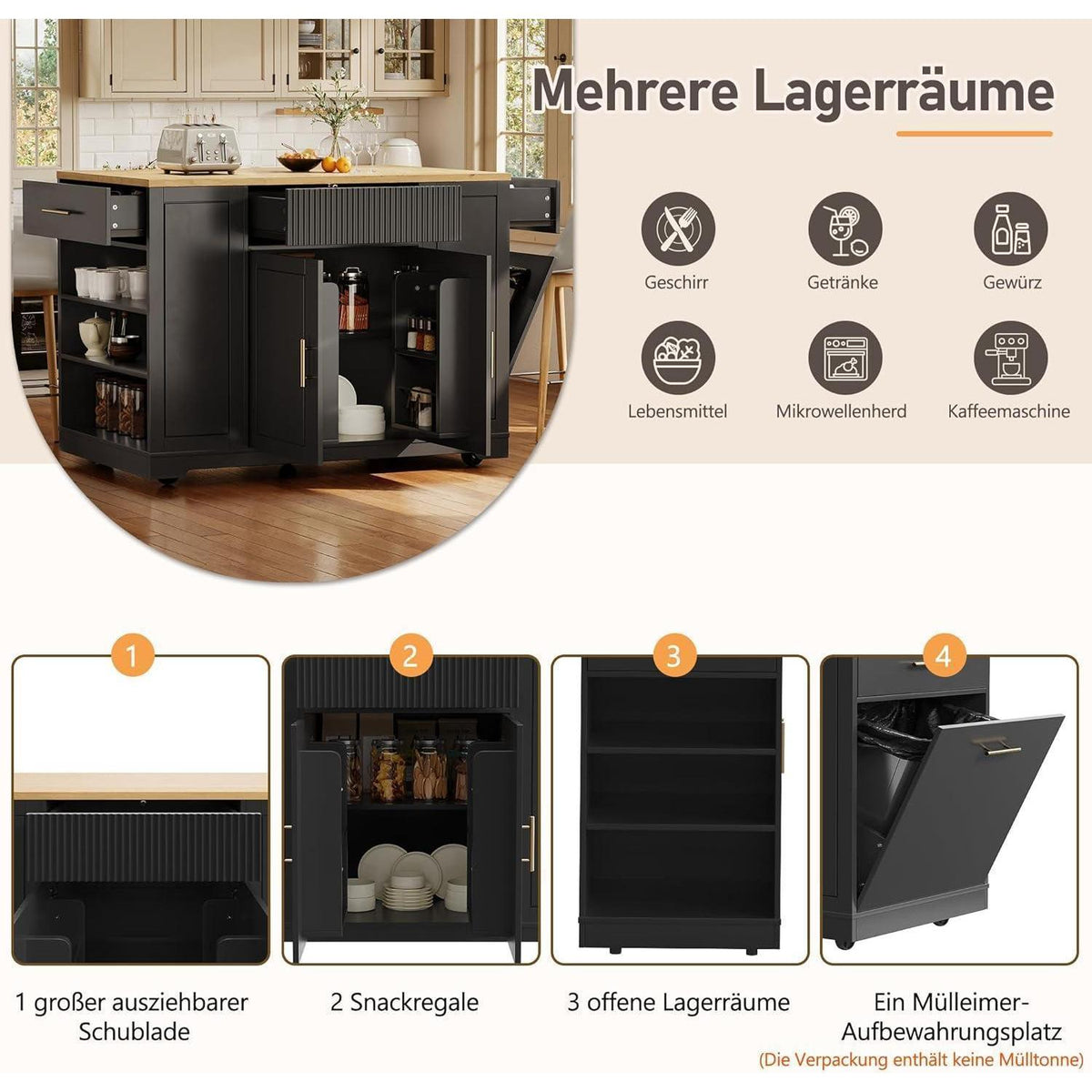 Bewegliche Kücheninsel mit Schubladen & verstellbaren Böden (Schwarz)