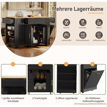 Bewegliche Kücheninsel mit Schubladen & verstellbaren Böden (Schwarz)