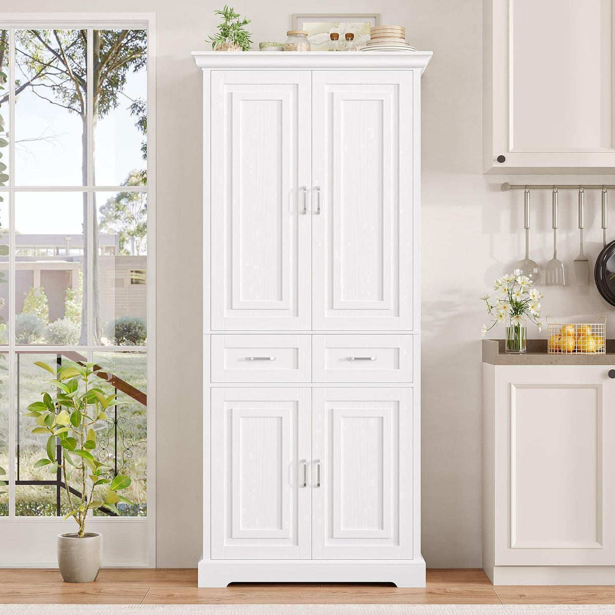 Hochschrank mit 4 Türen & Schublade – Weißes Küchenbuffet 180cm