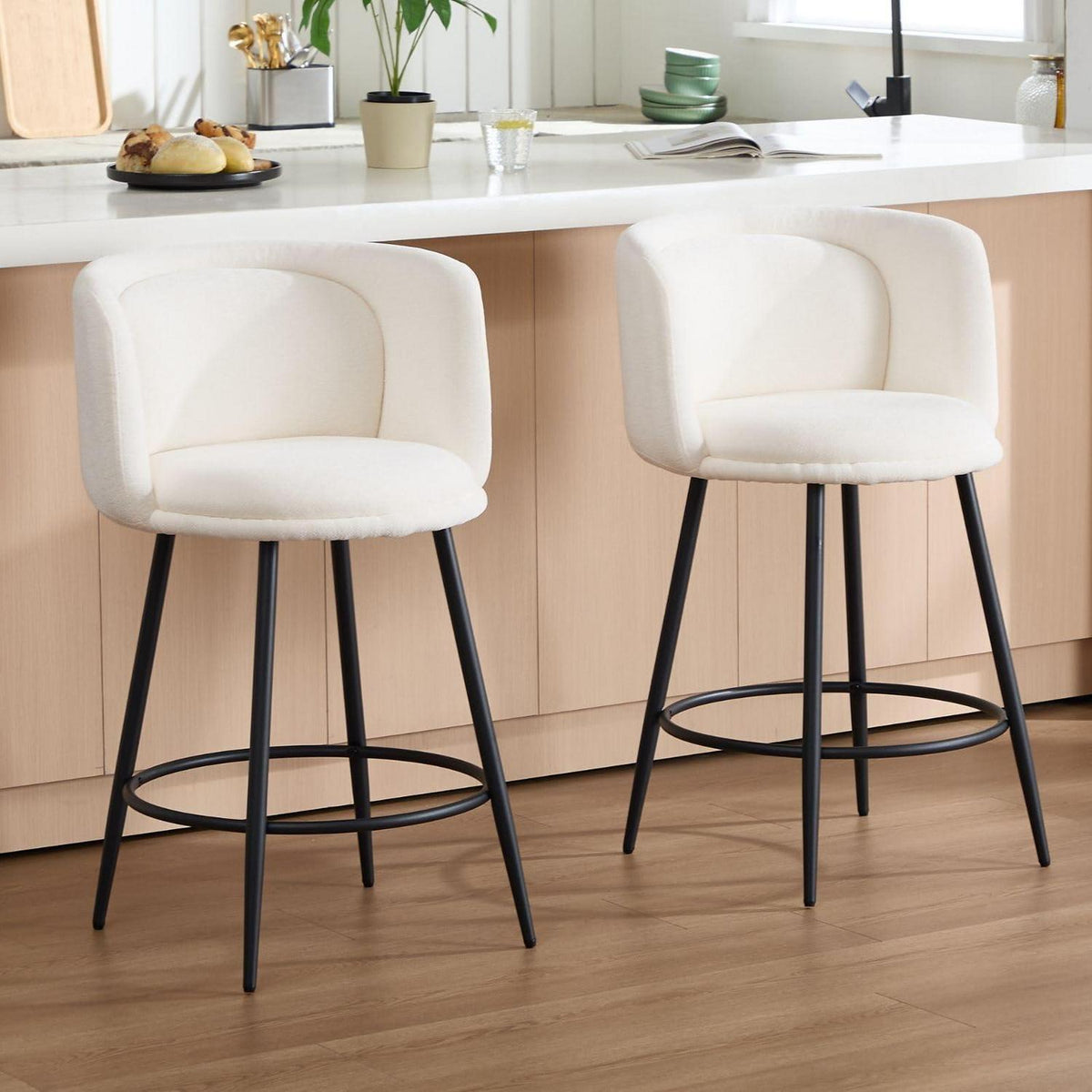 Moderner Barhocker 2er Set – Chenille, Weiß