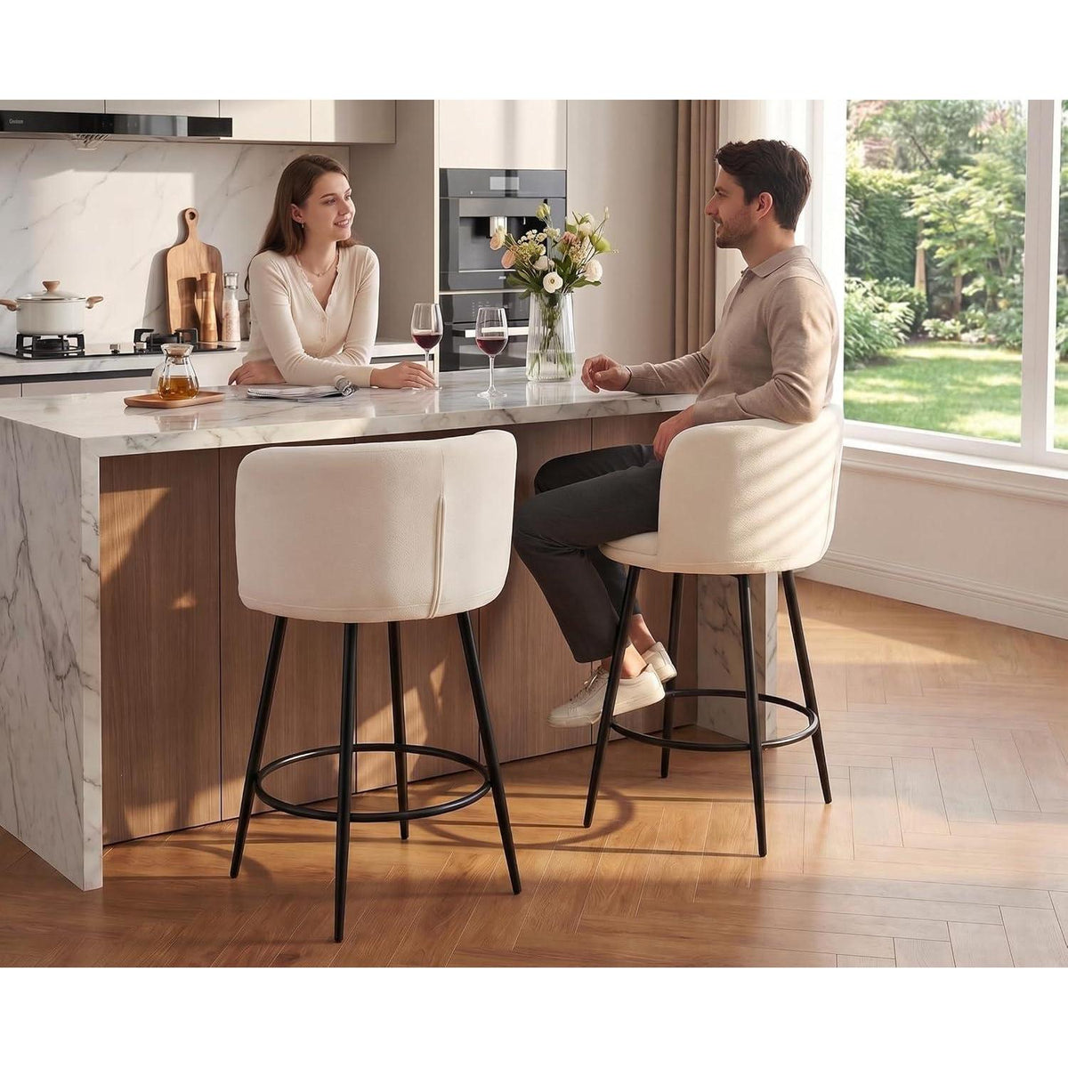 Moderner Barhocker 2er Set – Chenille, Weiß