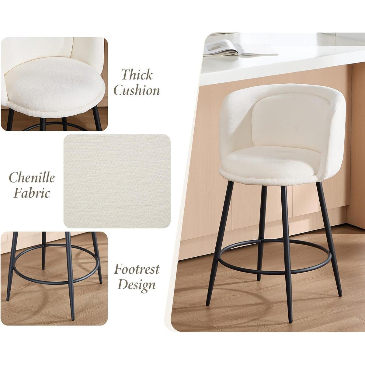 Moderner Barhocker 2er Set – Chenille, Weiß