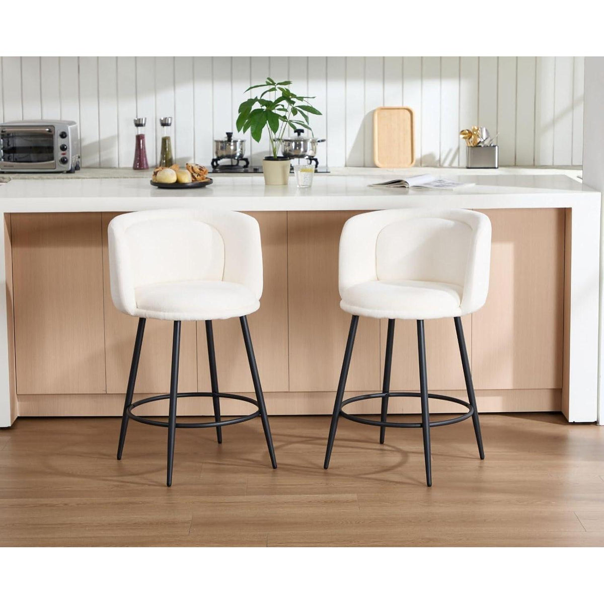 Moderner Barhocker 2er Set – Chenille, Weiß