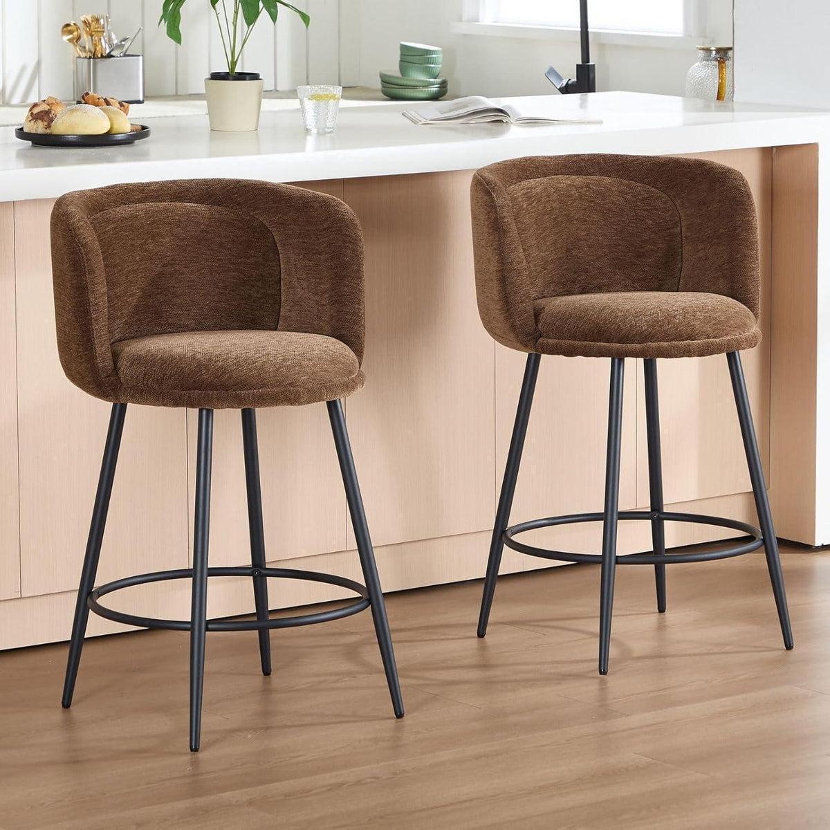 Barhocker Set 4er – Chenille, Braun, Moderne Optik