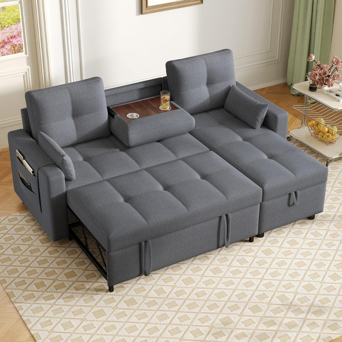 Modulares Schlafsofa mit Stauraum & Getränkehalter – Grau