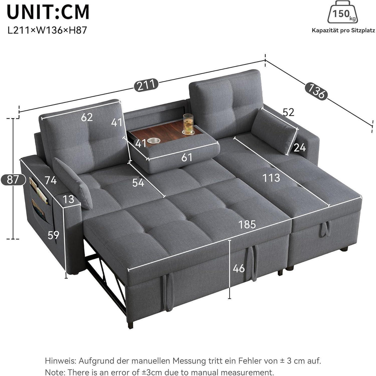 Modulares Schlafsofa mit Stauraum & Getränkehalter – Grau