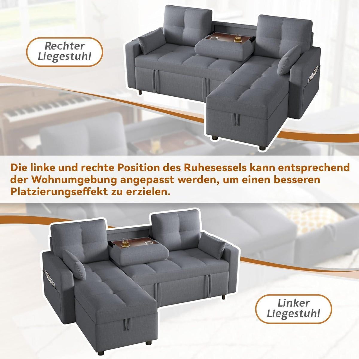 Modulares Schlafsofa mit Stauraum & Getränkehalter – Grau