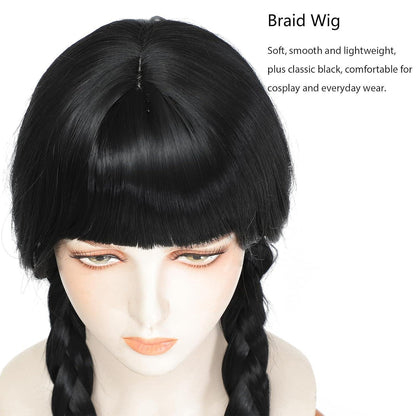26 Zoll Geflochtene Schwarz Perücke für Wednesday Addams Cosplay