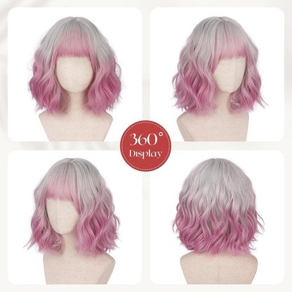 Rosa-Violette Bob Perücke mit Pony – 30cm Lockige Damenperücke