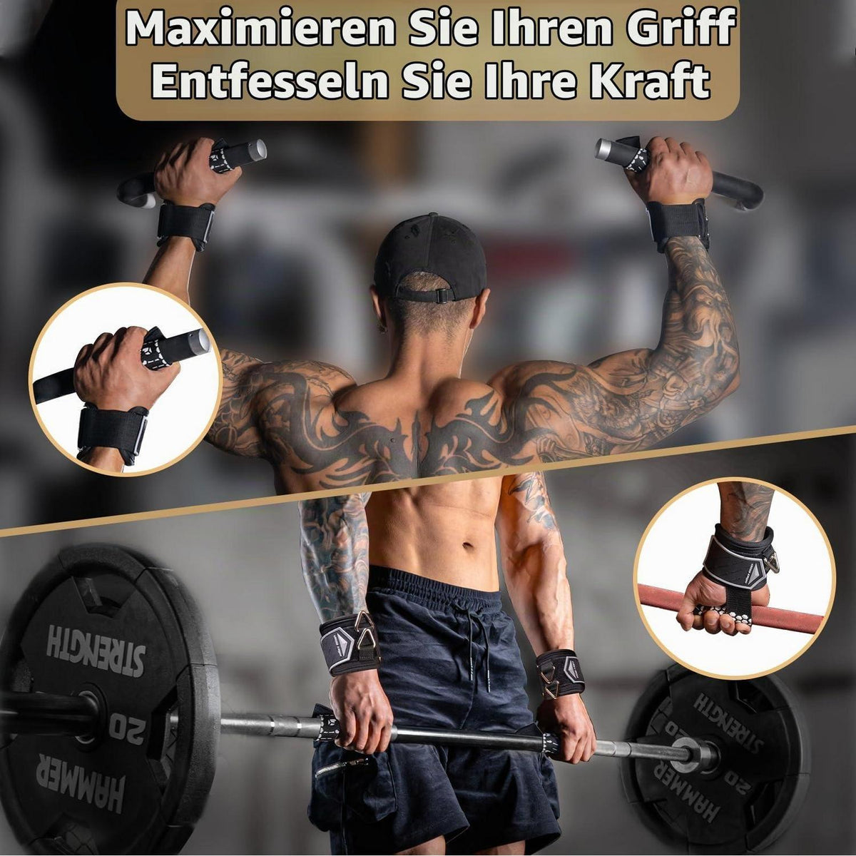 2-in-1 Zughilfen Krafttraining mit D-Ringen, Größe M (17-23cm)