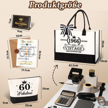 Einkaufstasche 60. Geburtstag Frau – Vintage 1966 Set mit Kosmetiktasche & Karte