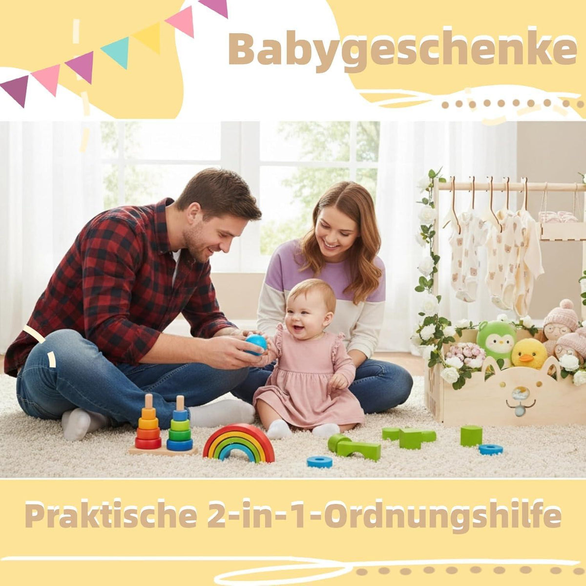 Baby Geschenkset Boho | Taufe & Babyparty Korb mit Kleiderbügel
