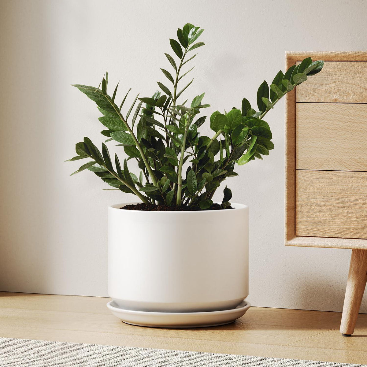 Keramik Blumentopf 25cm mit Untersetzer & Drainageloch, Weiß
