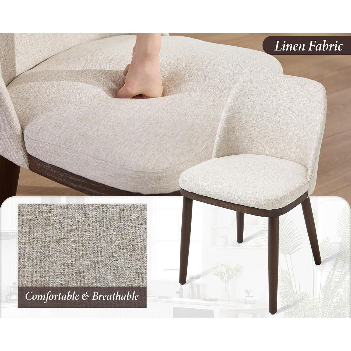 Esszimmerstühle 2er Set, Beige Leinen Polsterstuhl mit Holzbeinen