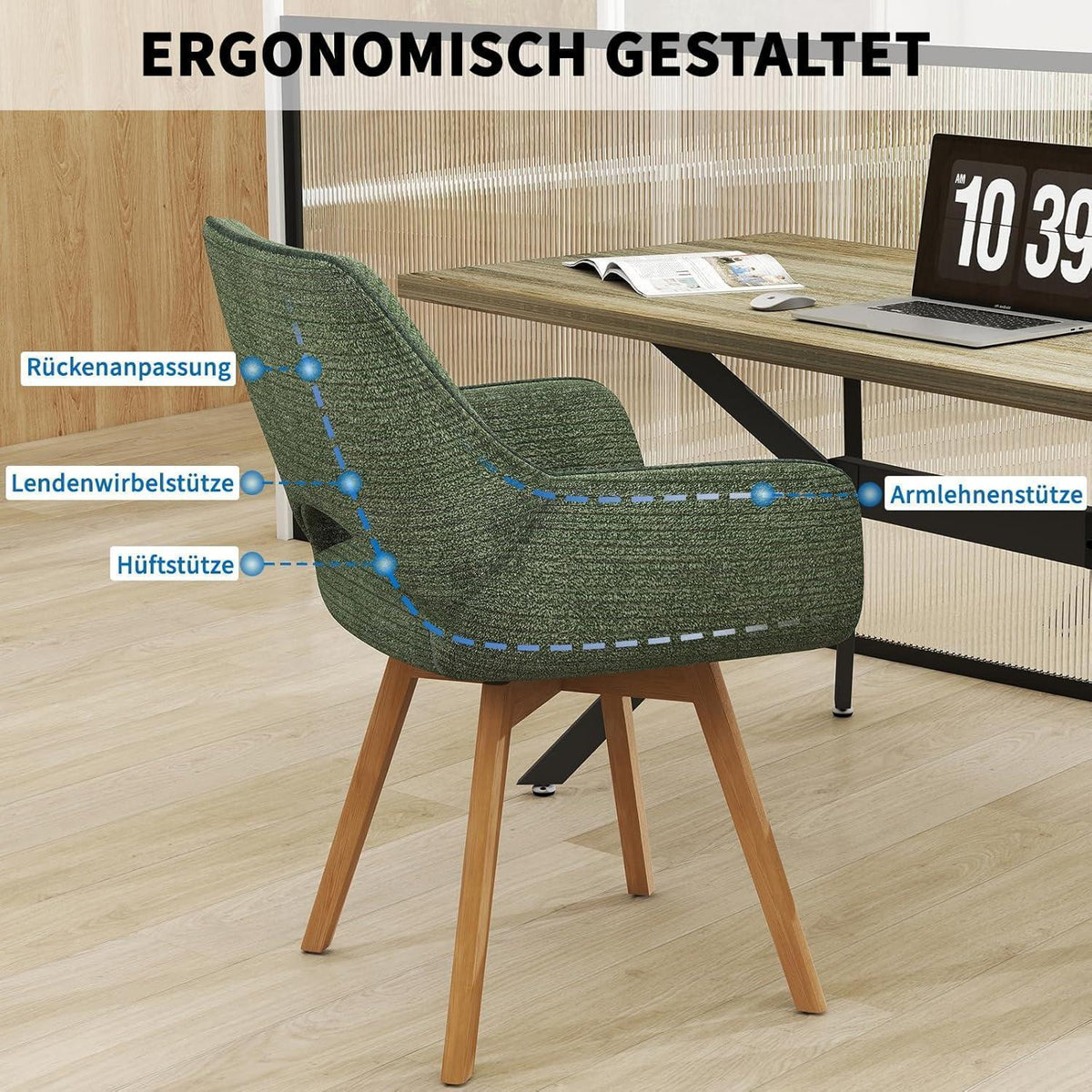 Drehbarer Esszimmerstuhl Set (6x) – Grün mit Holzbeinen