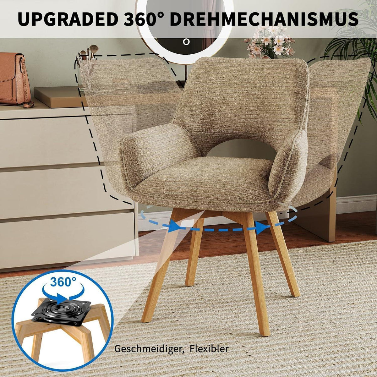 Drehbarer Esszimmerstuhl Set (6er) mit Armlehne & Holzbeinen – Braun