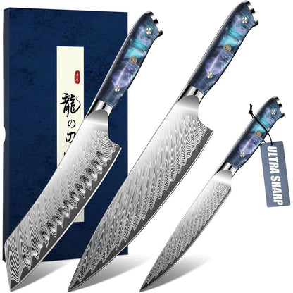 Japanisches Messerset 3-teilig – Damast Küchenmesser-Set