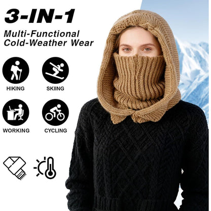 Thermo Strickmütze Damen mit Langer Schal – Winter Sturmhaube Khaki
