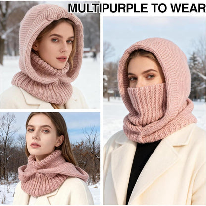 Thermo Strickmütze Damen mit Langer Schal – Rosa Winterhaube