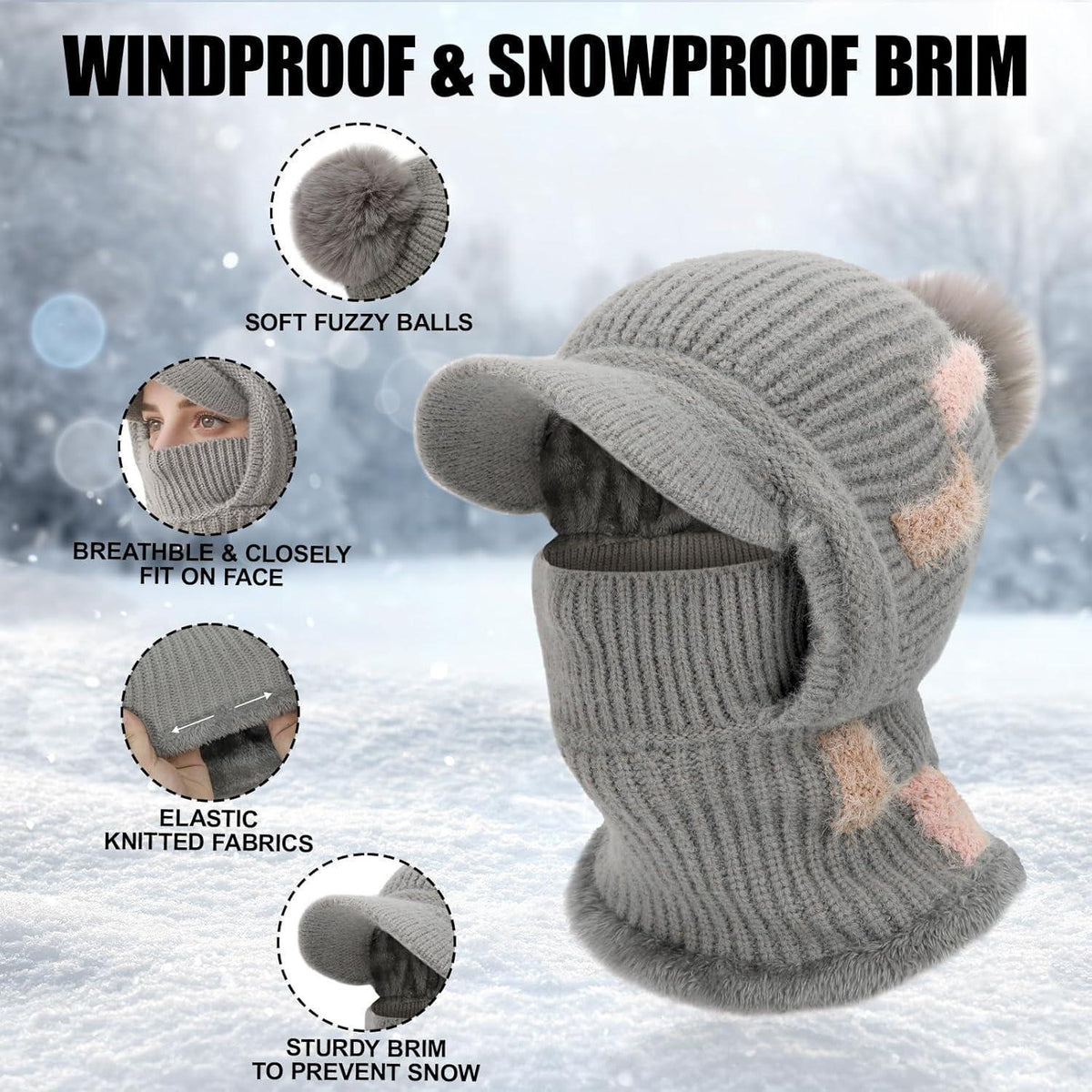 Strickmütze Damen 3in1 Thermo Schal & Sturmhaube Schwarz