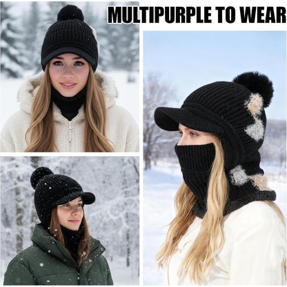 Strickmütze Damen 3in1 Thermo Schal & Sturmhaube Weiß