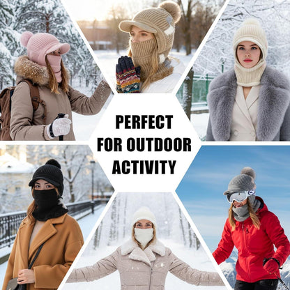 Strickmütze Damen 3in1 Thermo Schal & Sturmhaube Weiß