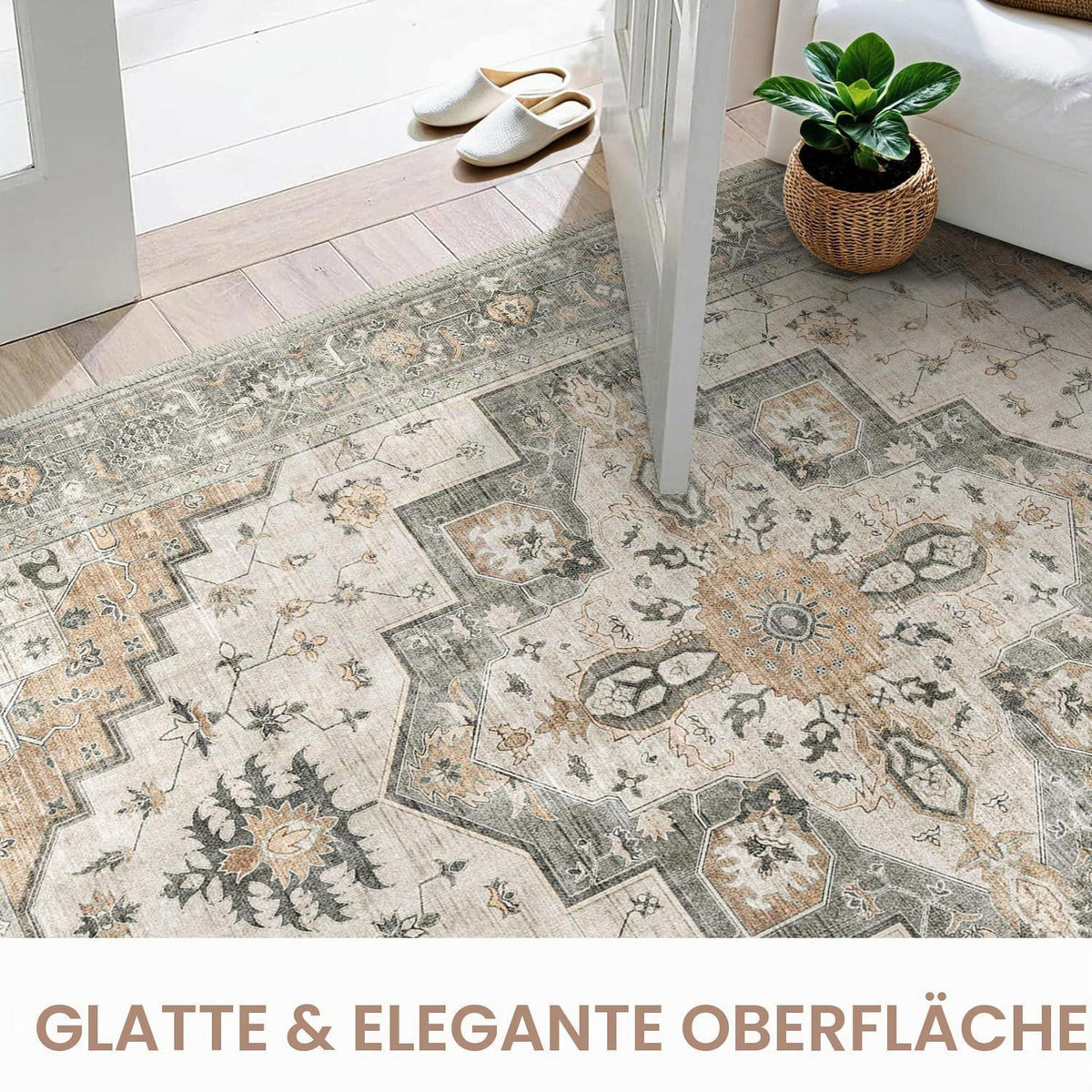 Vintage Teppich Wohnzimmer 300x400cm Taupe – Waschbar & Rutschfest