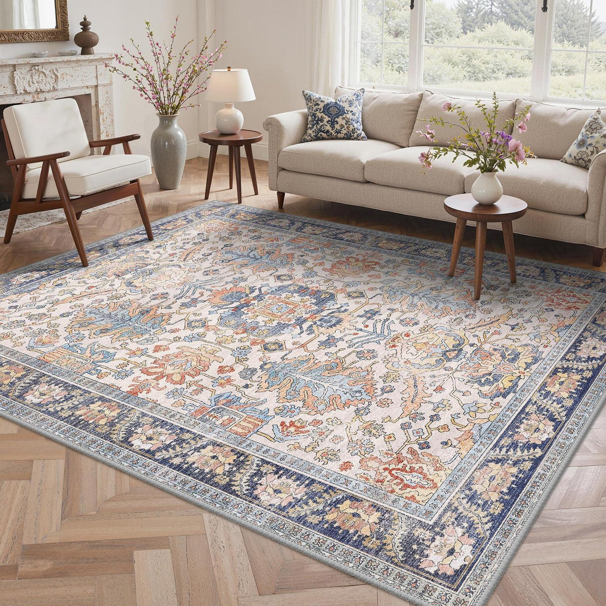 Vintage Teppich Wohnzimmer 200x290cm Rotblau Creme