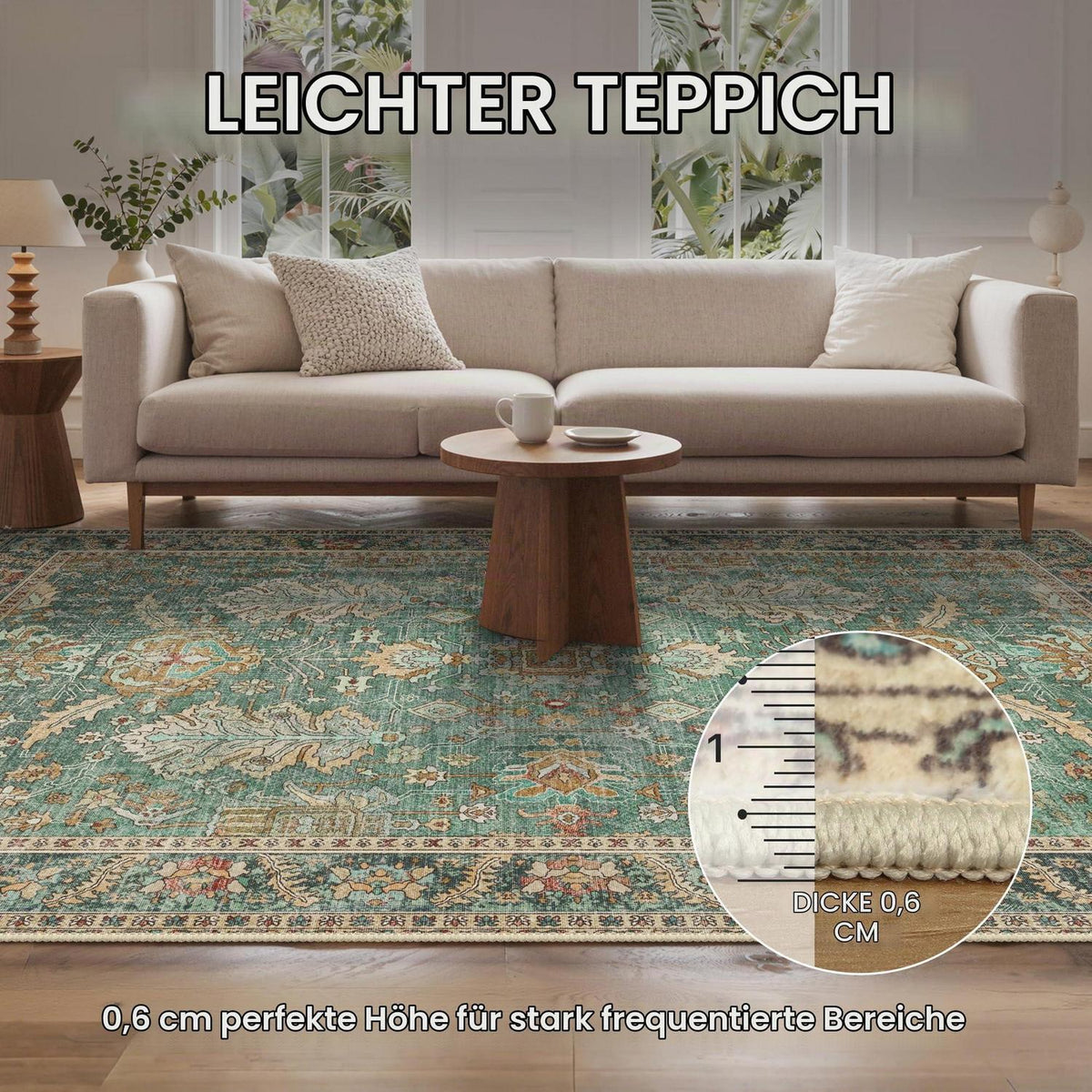 Vintage Teppich Grün 160x230cm – Waschbar & Rutschfest