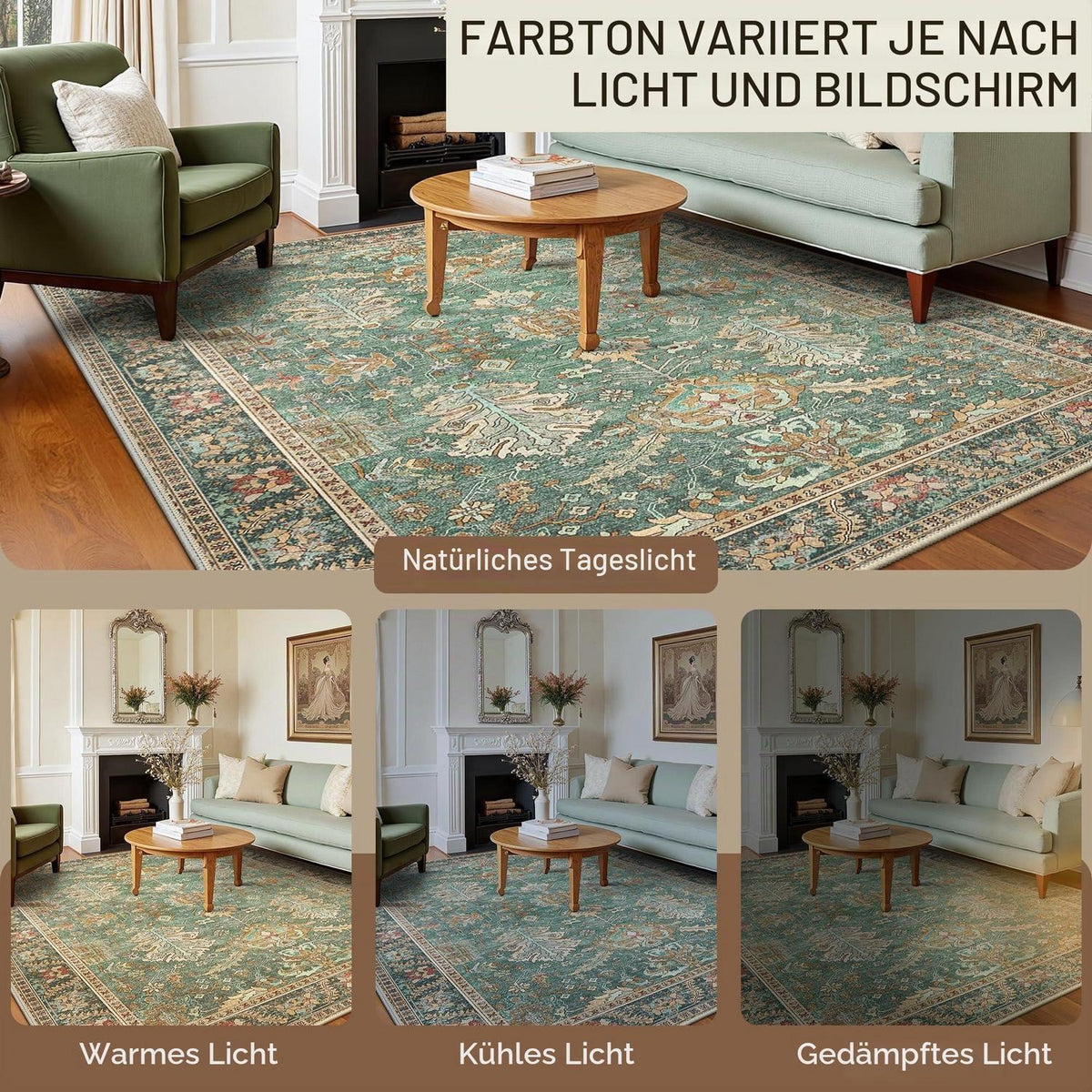 Vintage Teppich Grün 160x230cm – Waschbar & Rutschfest