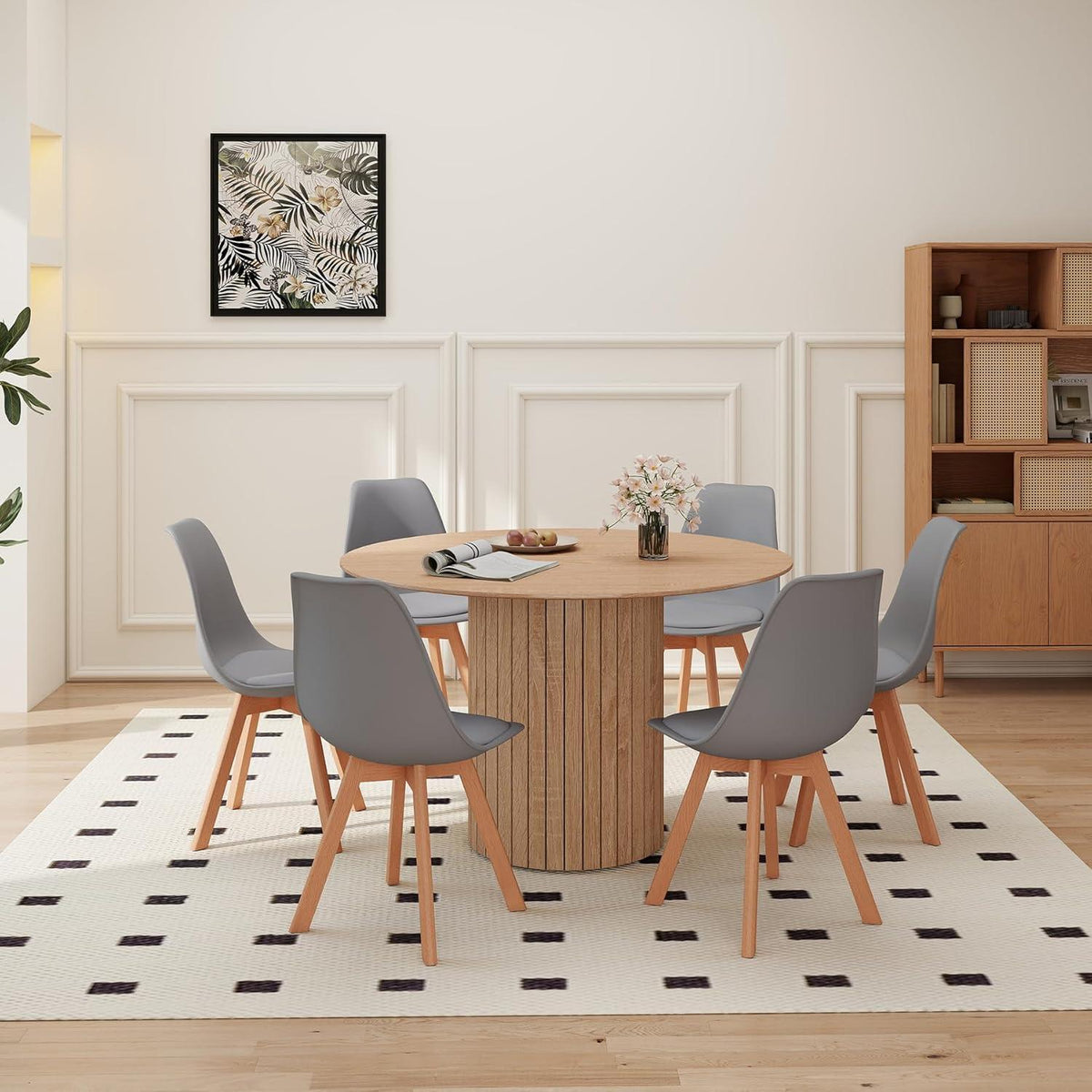 Runder Esstisch 120cm + 6 Stühle – Hellbraun & Grau
