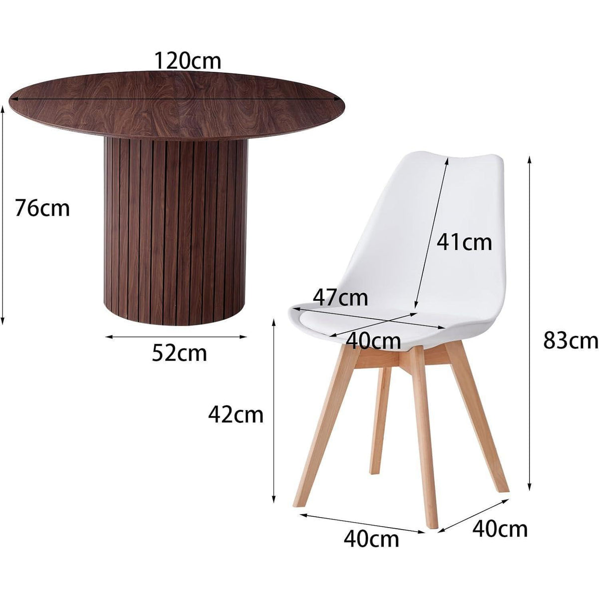 Runder Esstisch 120cm mit 6 Stühlen – Dunkelbraun & Weiß