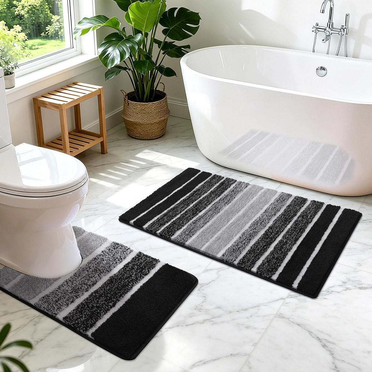 Rutschfester Badteppich Set 2-teilig Schwarz – Weich & Wasserabsorbierend