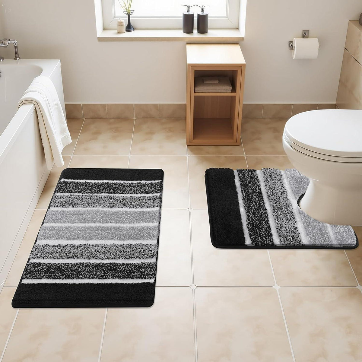 Rutschfester Badteppich Set 2-teilig Schwarz – Weich & Wasserabsorbierend