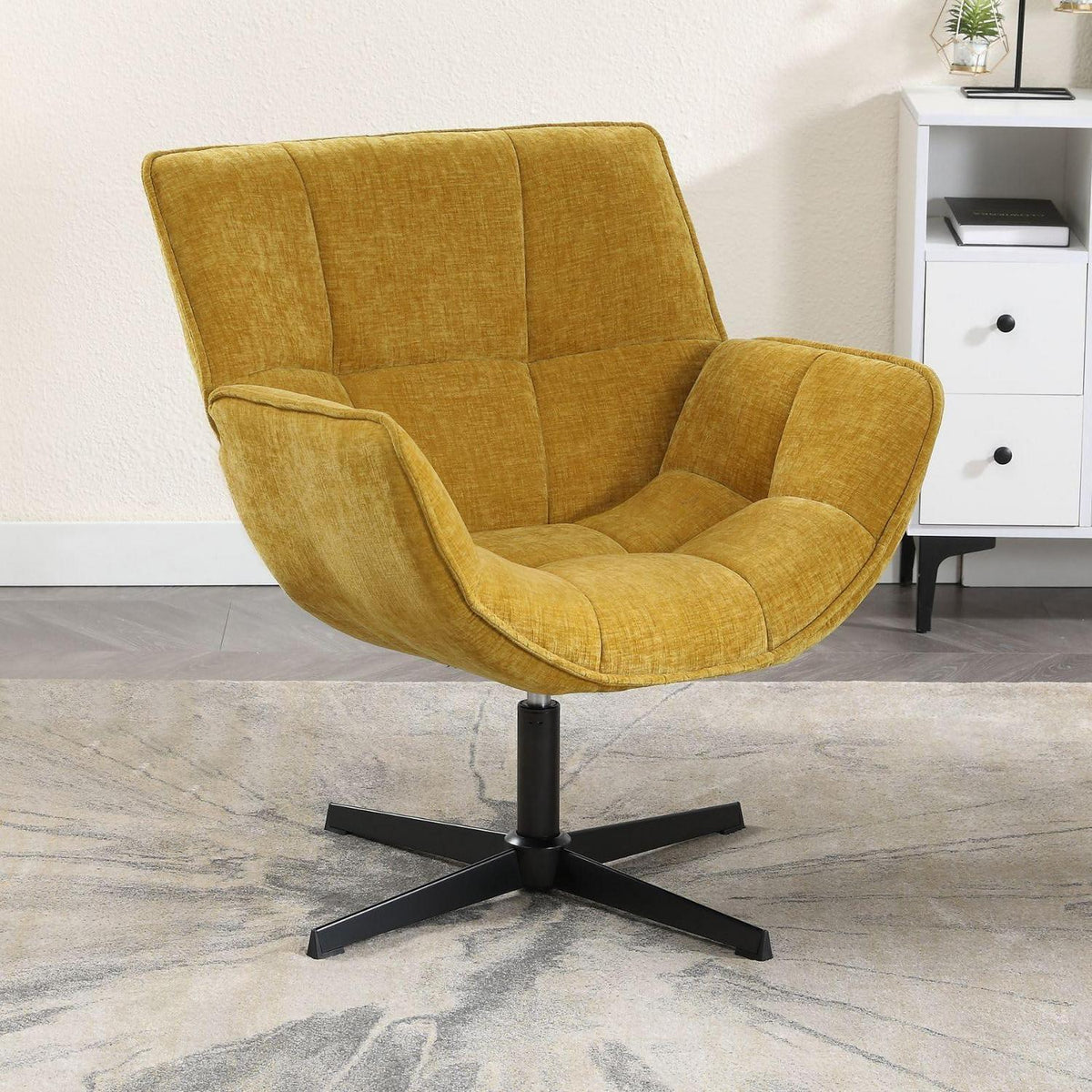 Drehbarer Ohrensessel Chenille Gelb – Bequemer Lesesessel für Wohnzimmer